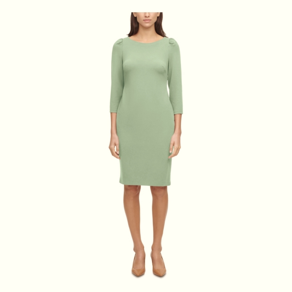 CALVIN KLEIN Womens Light Green Zippered Scuba Pouf Sleeve Round Neck Dress